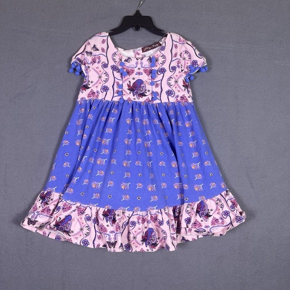 Jelly The Pug Other - Jelly The Pug Bird Butterfly Dress Girls 5 Pink Purple Ruffle Pom Pom A-Line